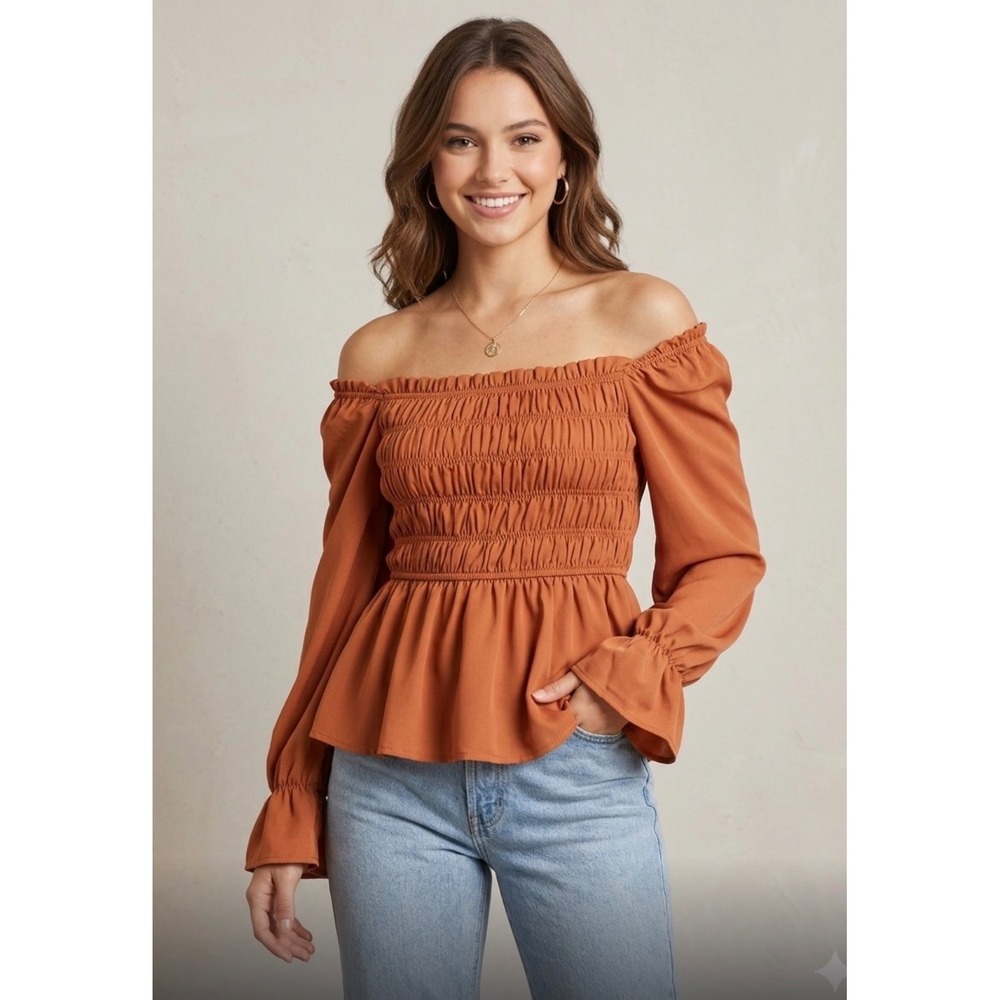 Glam Burnt Orange Smocked Peplum Top Long Sleeve Off Shoulder Blouse Large